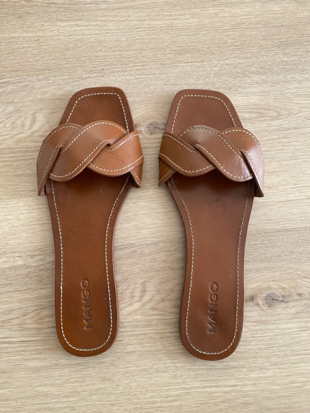 Mango Tan Braided Leather Slide Sandals